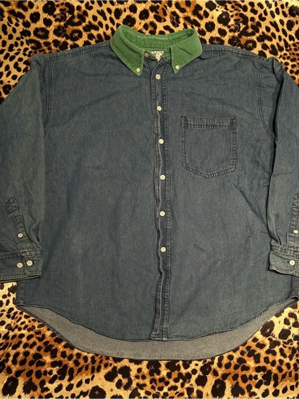 Vintage Leta Collections Denim Button Down Shirt with Green Corduroy Details